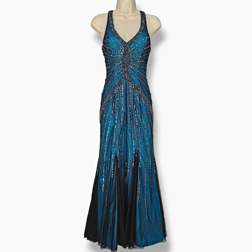 Y2K Cecily Brown Teal Black Beaded Mesh Formal Prom Gown Whimsigoth Fairy XS